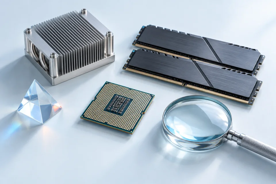 Concept illustration of computer hardware components arranged for inspection