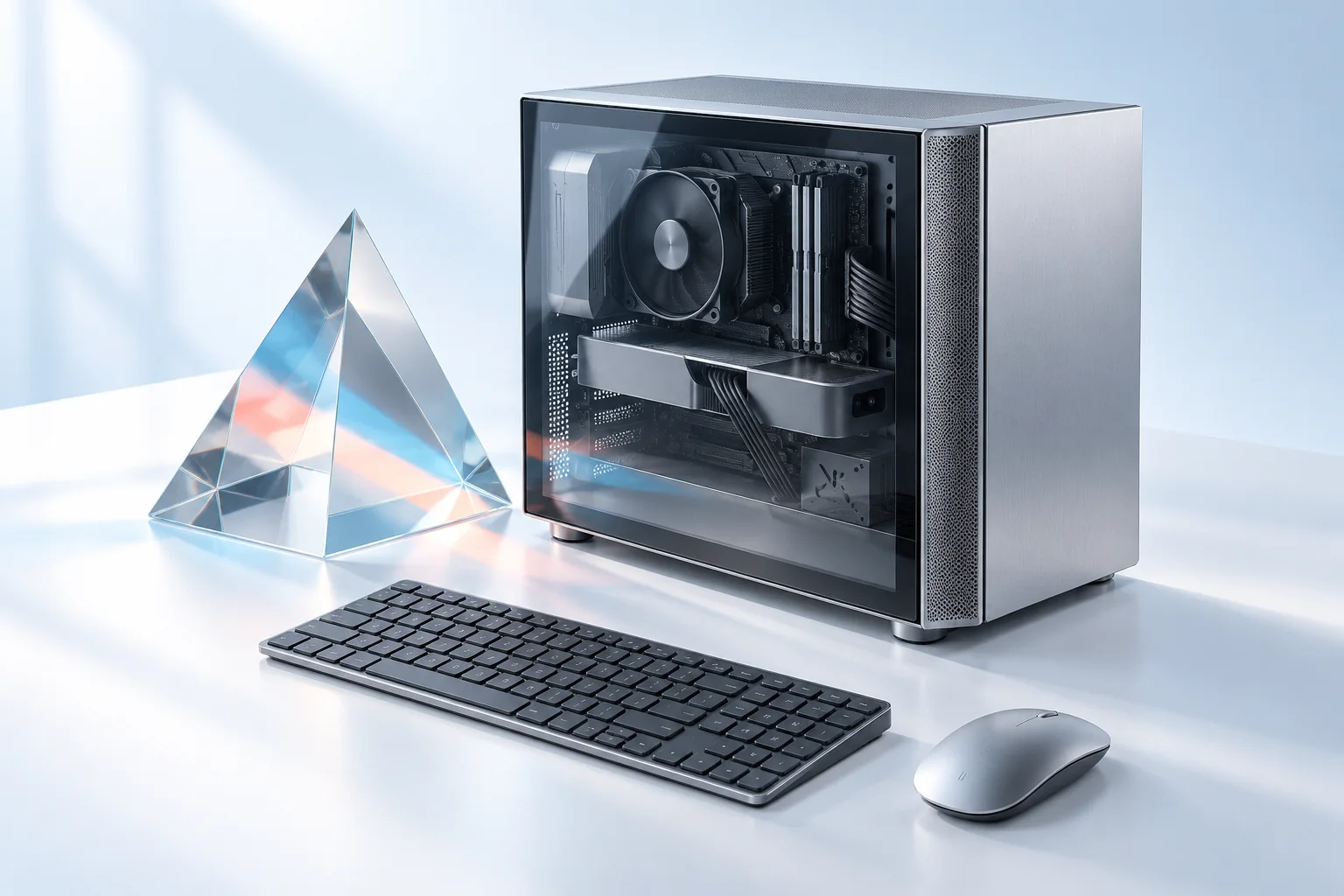 Concept illustration of a silver desktop PC and peripherals beside a glass prism